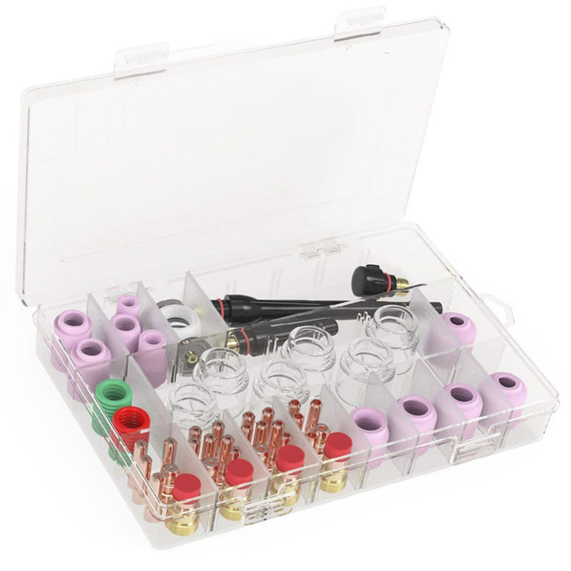 Consumibles boquillas para Antorcha TIG WP-17/18/26. (Kit de 71 piezas). Consumibles de Soldadura en Cobre, pirex transparente y Cerámica. Juego kit