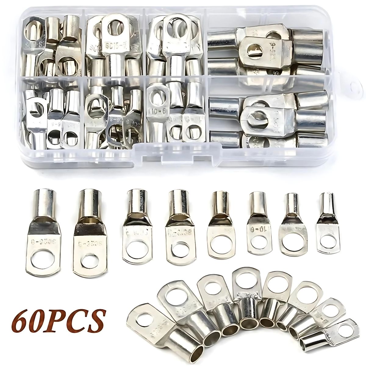 Terminales de Anillo Recubiertos de Cobre SC6-25 para Conexiones Electrónicas. (Juego de 60 piezas). Conjunto de conectores eléctricos.