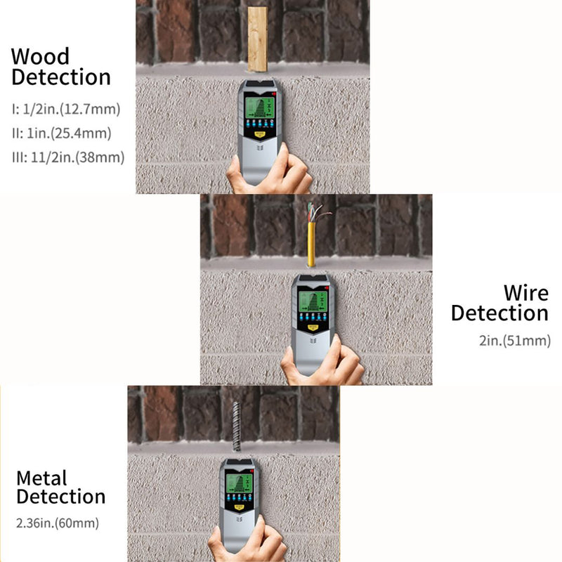 Escáner de Pared 5 en 1. Detector de Pasadores, Cables de CA, Metal y Madera con Pantalla 9V.