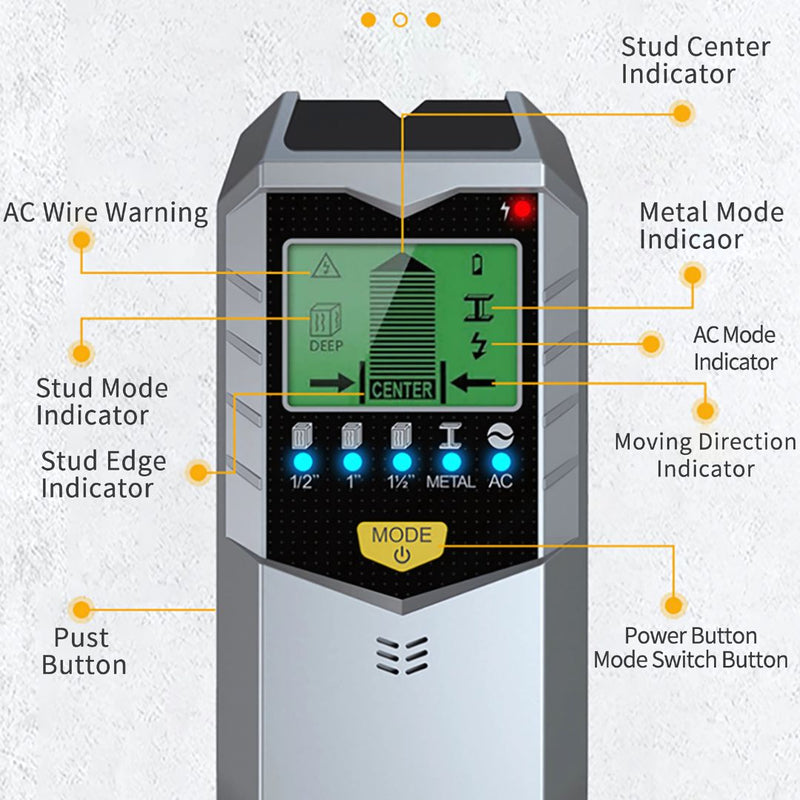 Escáner de Pared 5 en 1. Detector de Pasadores, Cables de CA, Metal y Madera con Pantalla 9V.