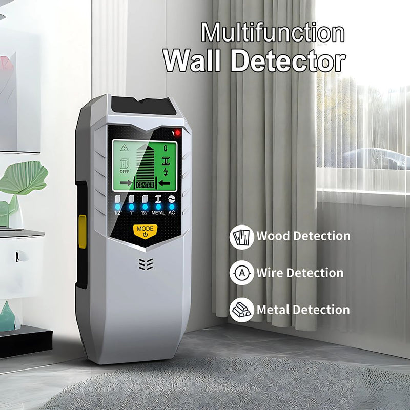Escáner de Pared 5 en 1. Detector de Pasadores, Cables de CA, Metal y Madera con Pantalla 9V.