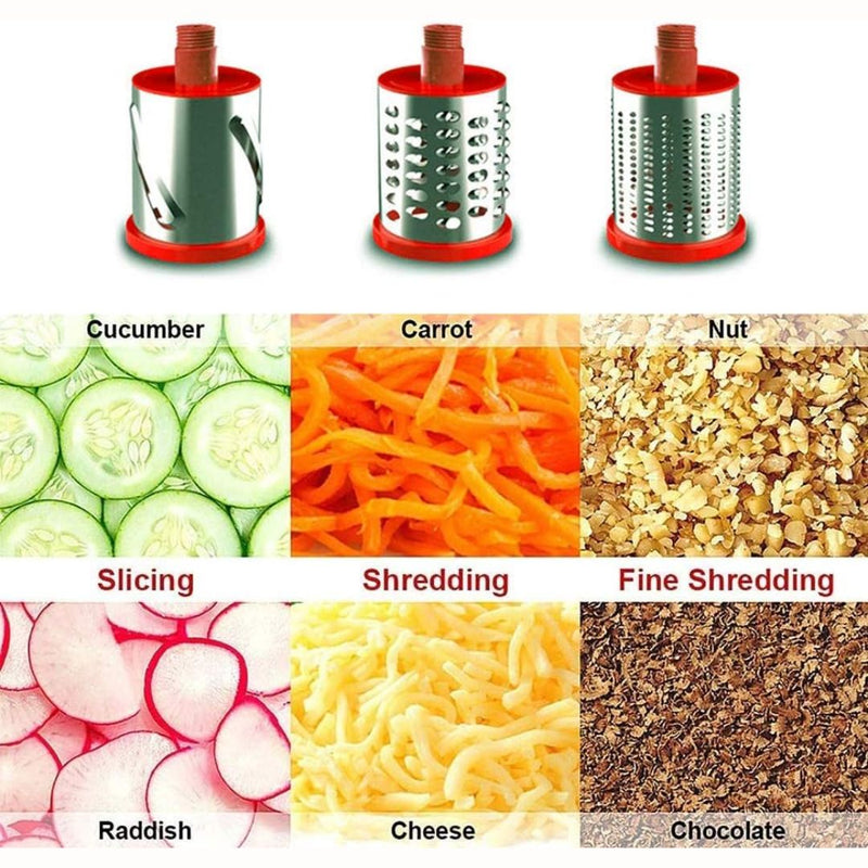 Rallador Manual Giratorio con 3 Cuchillas Intercambiables para Cocina. Rebanador cortador para Verduras, Frutas y Más. Rallador queso (Color Rojo) Mandolina.