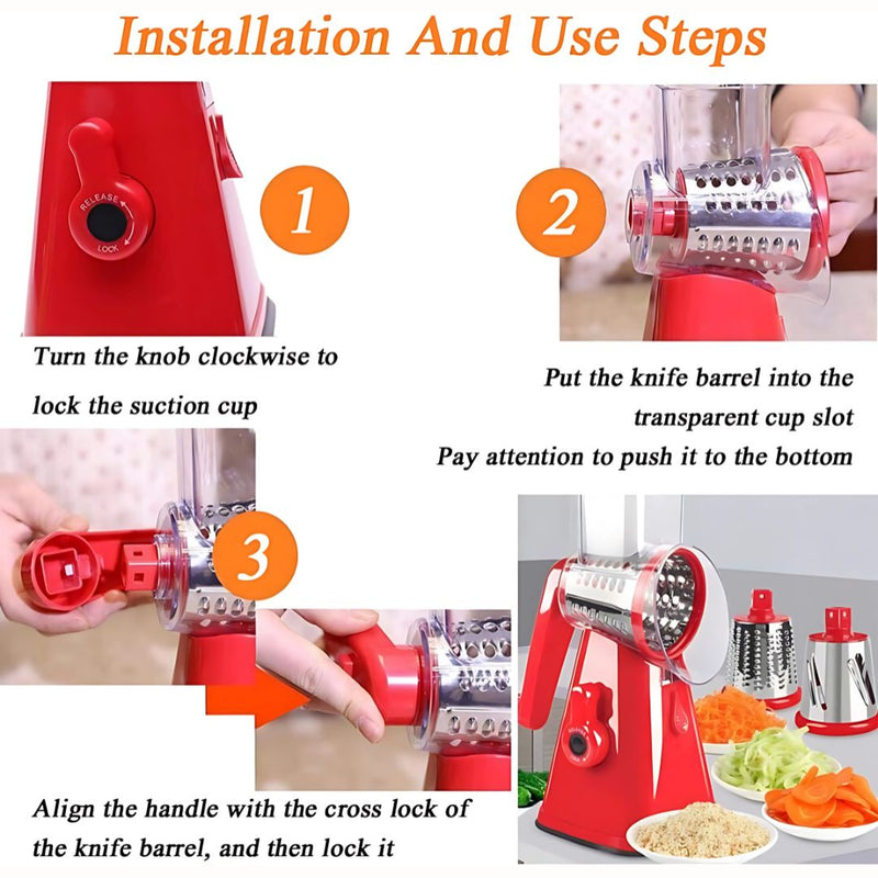 Rallador Manual Giratorio con 3 Cuchillas Intercambiables para Cocina. Rebanador cortador para Verduras, Frutas y Más. Rallador queso (Color Rojo) Mandolina.