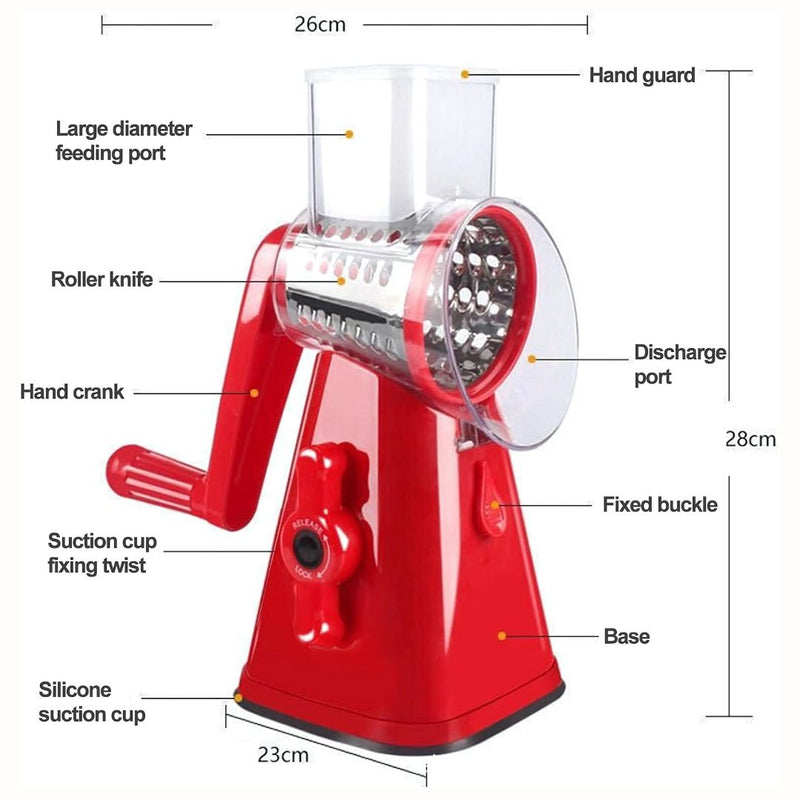 Rallador Manual Giratorio con 3 Cuchillas Intercambiables para Cocina. Rebanador cortador para Verduras, Frutas y Más. Rallador queso (Color Rojo) Mandolina.