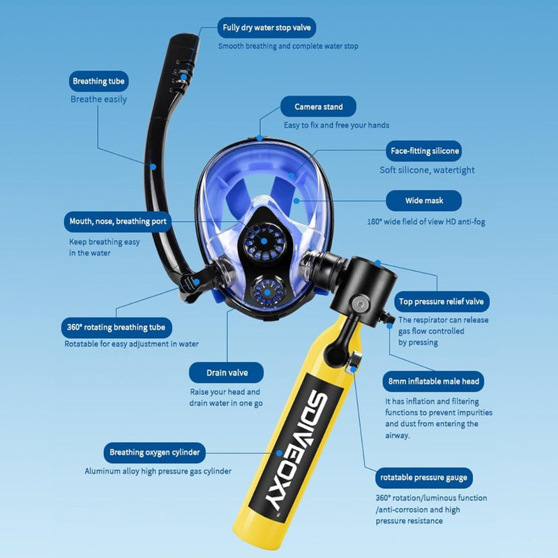 Mascara de buceo con tanque oxigeno de 0.5L. Incluye bomba manual aire comprimido. Kit de snorkel. (Tanque color verde) scuba  6 y 10 minutos de respiración