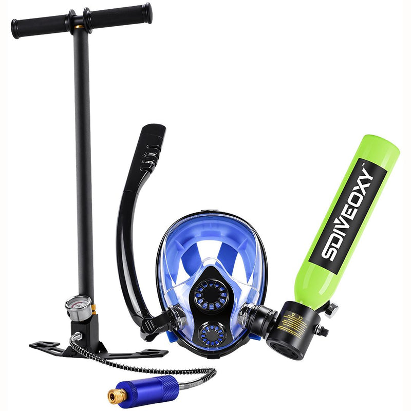 Mascara de buceo con tanque oxigeno de 0.5L. Incluye bomba manual aire comprimido. Kit de snorkel. (Tanque color verde) scuba  6 y 10 minutos de respiración