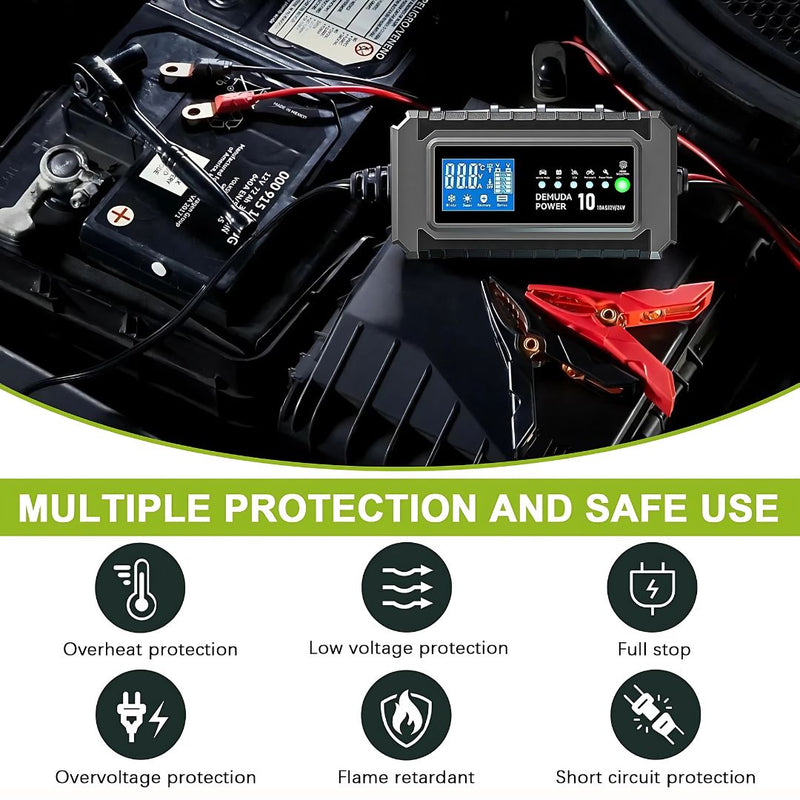 Cargador De Batería Inteligente De 10 Amperios, 12V/24V. Cargador Rápido Alta Potencia.