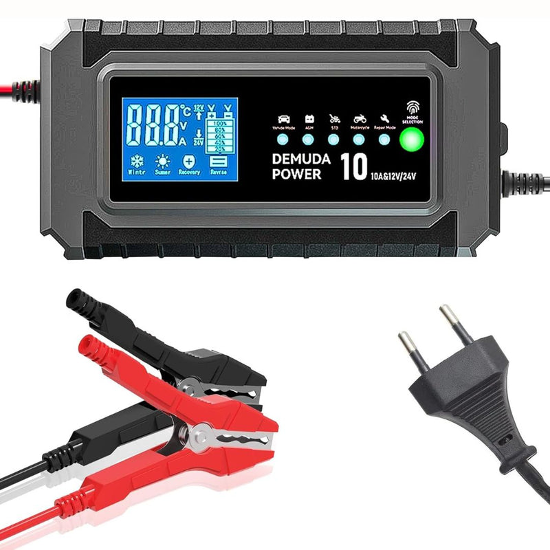 Cargador De Batería Inteligente De 10 Amperios, 12V/24V. Cargador Rápido Alta Potencia.