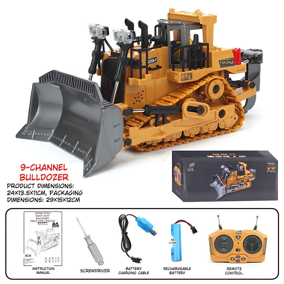 Excavadora Buldócer a control remoto. Juguete para niños. Con brazo móvil y luces. Bulldozer.