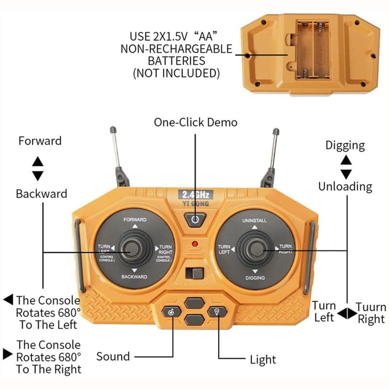Excavadora a control remoto. Juguete para niños. De 11 canales con brazo móvil y rotación 680°.
