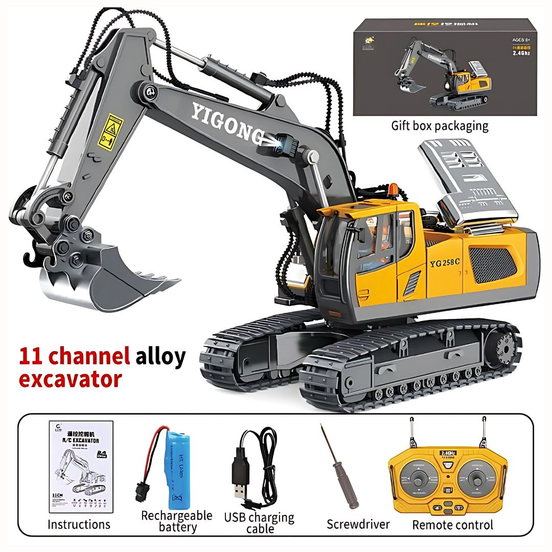 Excavadora a control remoto. Juguete para niños. De 11 canales con brazo móvil y rotación 680°.