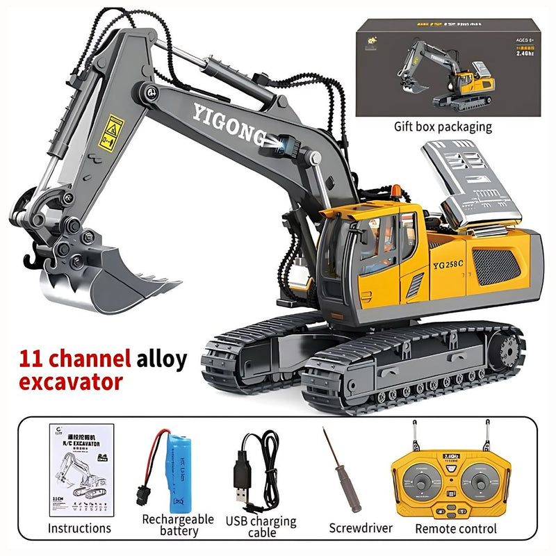Excavadora a control remoto. Juguete para niños. De 11 canales con brazo móvil y rotación 680°.