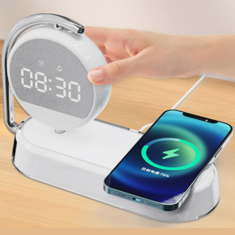 Cargador inalámbrico con reloj despertador digital 15W soporte de carga para teléfono con luz de noche y reloj integrado.