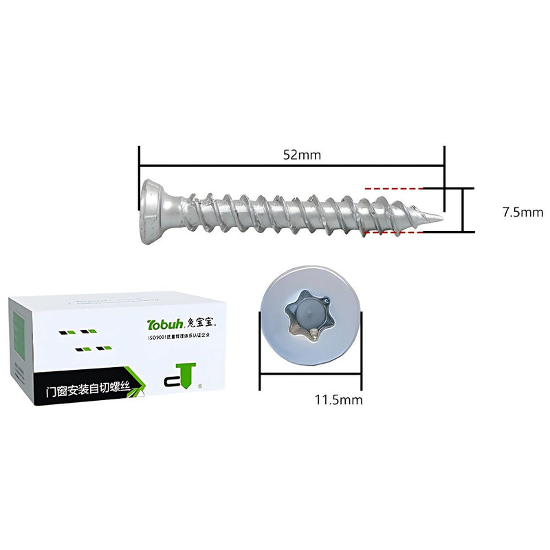 Tornillos para concreto cemento 2" x7.5 mm. Torx Big Head 7.5x 52mm. Caja con 250 unidades. (Autoperforantes). Ideal para puertas y ventanas.