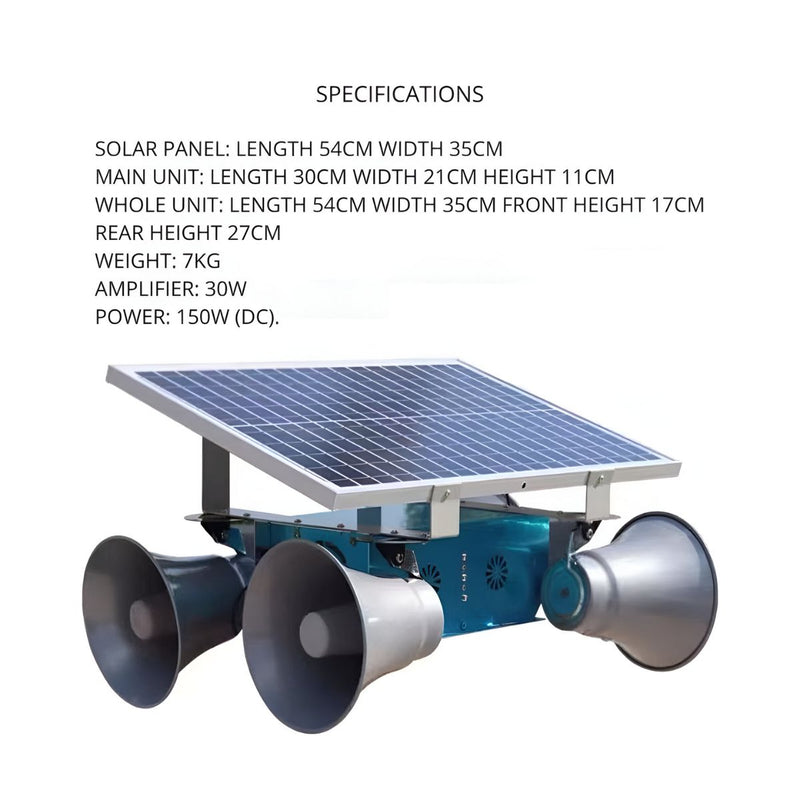 Repelente de Aves con panel solar. Ahuyentador de pájaros con sonido. 150W (DC), Amplificador 30W de 4 altavoces. Ideal para proteger cultivos. Espantapajaros.