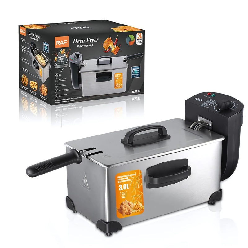 Freidora electrica con aceite Deep Fryer 3L de acero inoxidable. 1500W Rango de 0 a 190°C. 110V