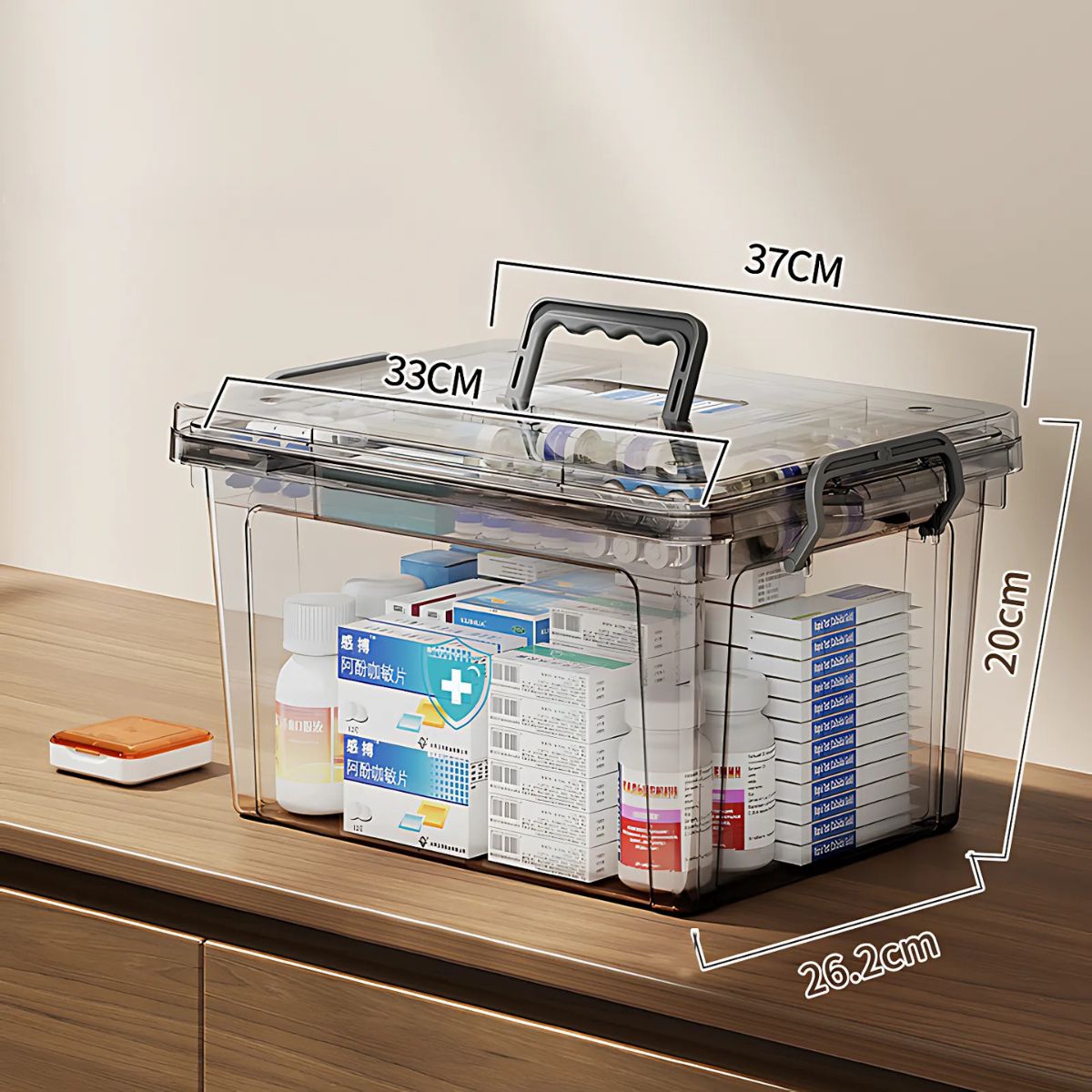 Caja plástica de almacenamiento medicinas. Organizador de medicamentos portátil transparente. Gran capacidad. 20x37x26.2cm