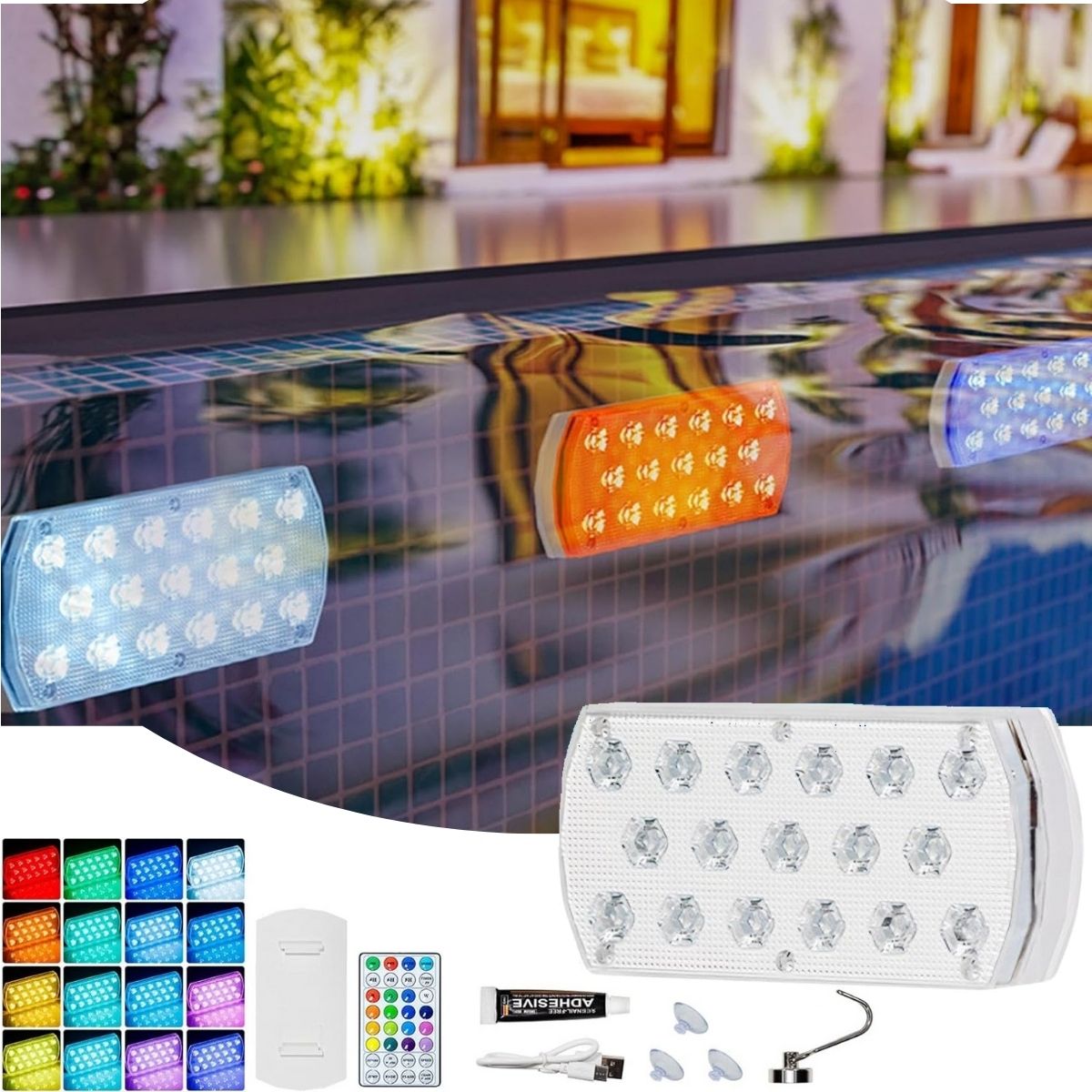Luces de piscina. Luz LED sumergible. Ideal para exteriores. Foco lampara a control remoto. 16 colores IP68. 9x2.3cm