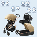 Coche de Bebé 3 en 1 Reclinable. Moisés, Silla de Paseo y Asiento de Auto. Cochecito carguero con sobrilla. Color negro con caqui. Carreola