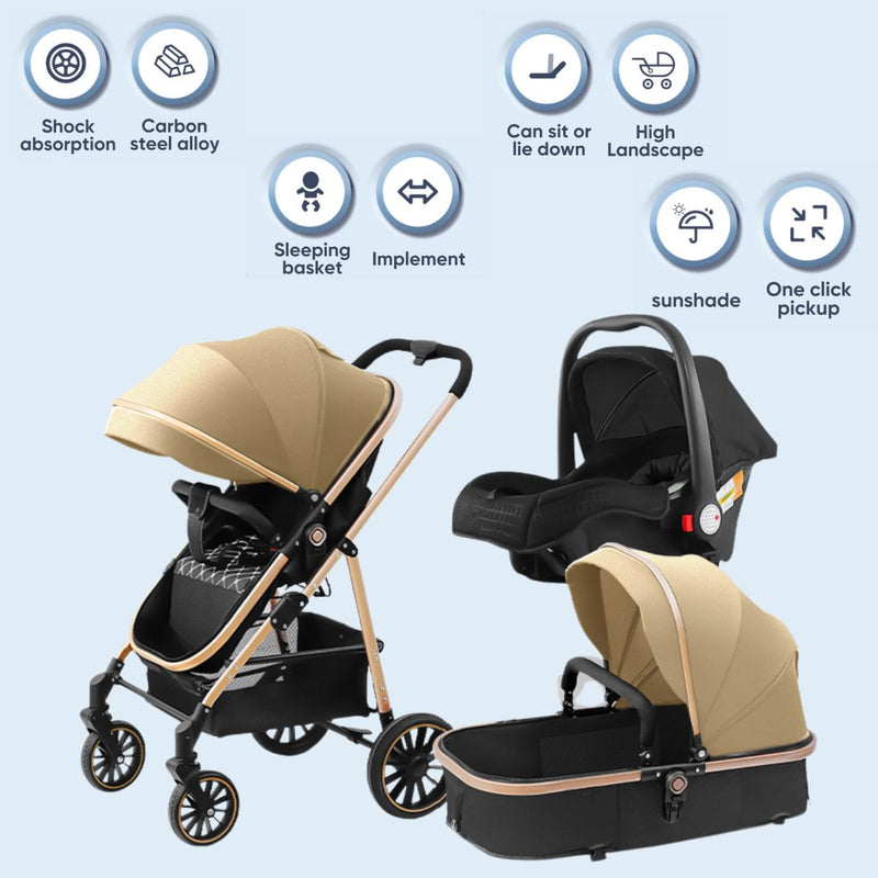 Coche de Bebé 3 en 1 Reclinable. Moisés, Silla de Paseo y Asiento de Auto. Cochecito carguero con sobrilla. Color negro con caqui. Carreola