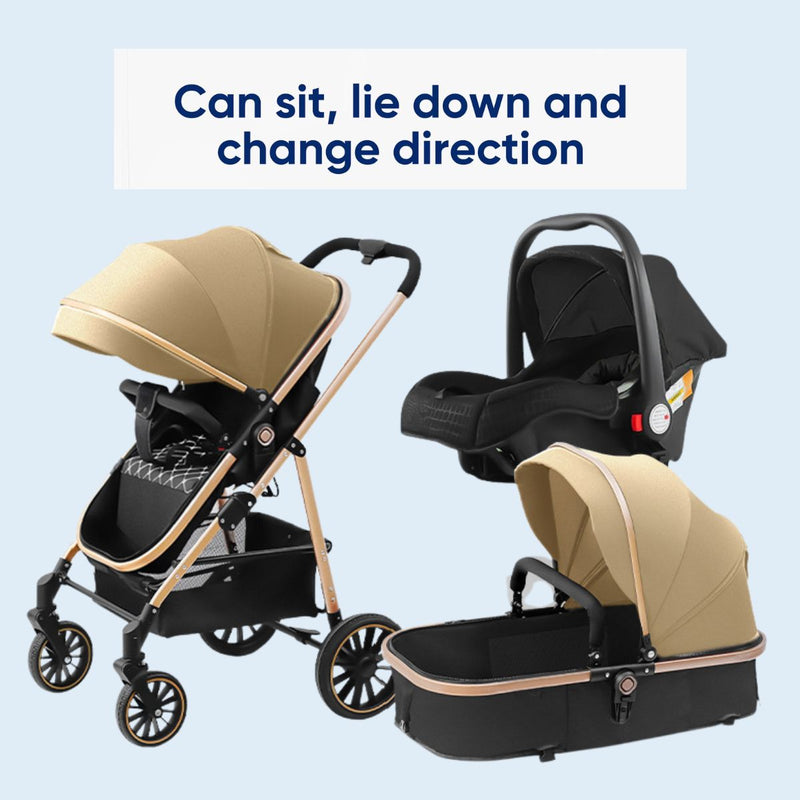 Coche de Bebé 3 en 1 Reclinable. Moisés, Silla de Paseo y Asiento de Auto. Cochecito carguero con sobrilla. Color negro con caqui. Carreola