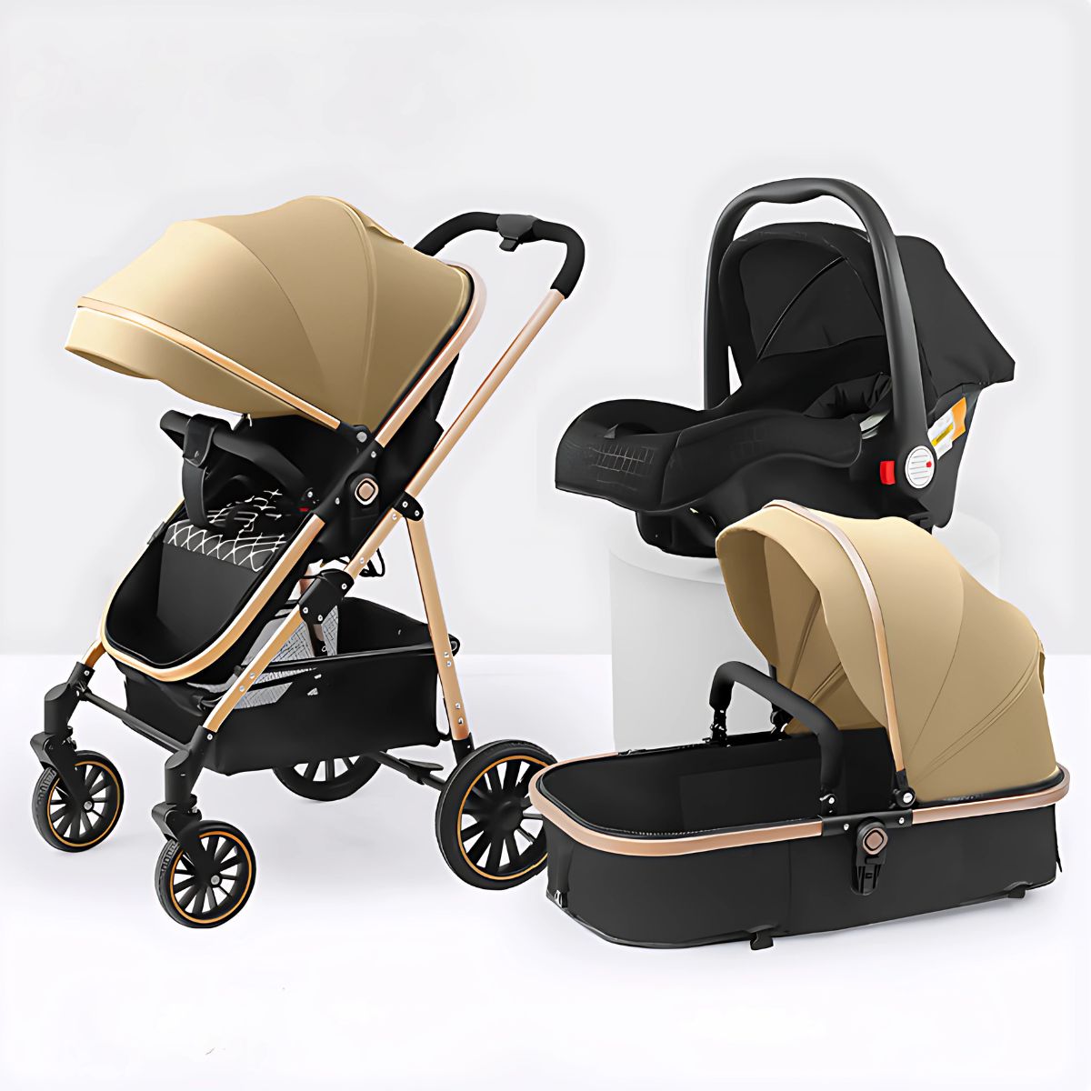 Coche de Bebé 3 en 1 Reclinable. Moisés, Silla de Paseo y Asiento de Auto. Cochecito carguero con sobrilla. Color negro con caqui. Carreola