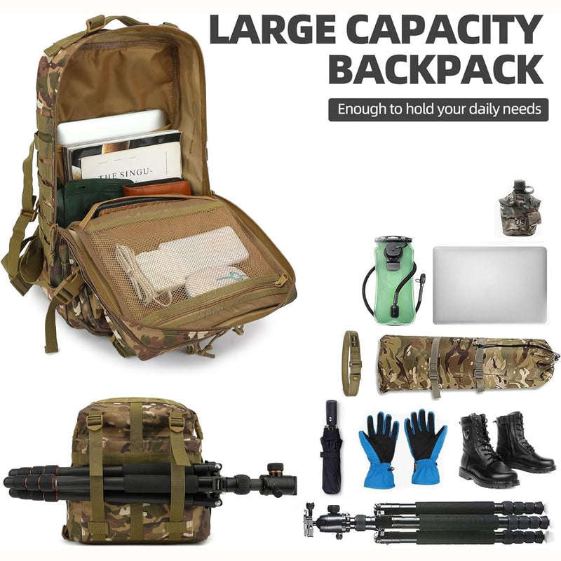 Mochila táctica militar de 45L. Backpack con sistema MOLLE. Bolso impermeable y resistente. Morral