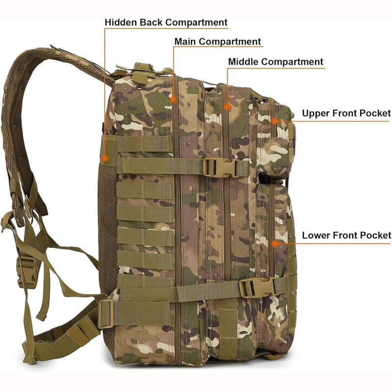 Mochila táctica militar de 45L. Backpack con sistema MOLLE. Bolso impermeable y resistente. Morral