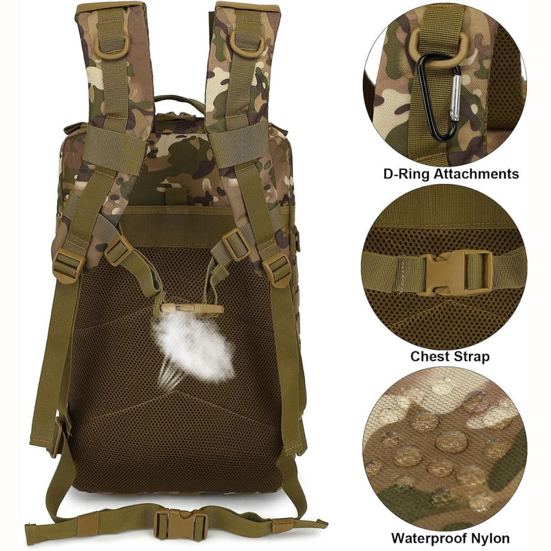 Mochila táctica militar de 45L. Backpack con sistema MOLLE. Bolso impermeable y resistente. Morral