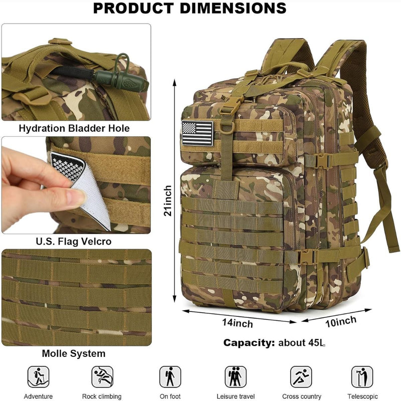 Mochila táctica militar de 45L. Backpack con sistema MOLLE. Bolso impermeable y resistente. Morral
