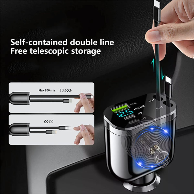 Cargador de Auto 5-en-1 con USB 3.1 y Tipo C . Carga Rápida Universal para celulares y otros Dispositivos. Cargador de carro para celular. Cable 100W