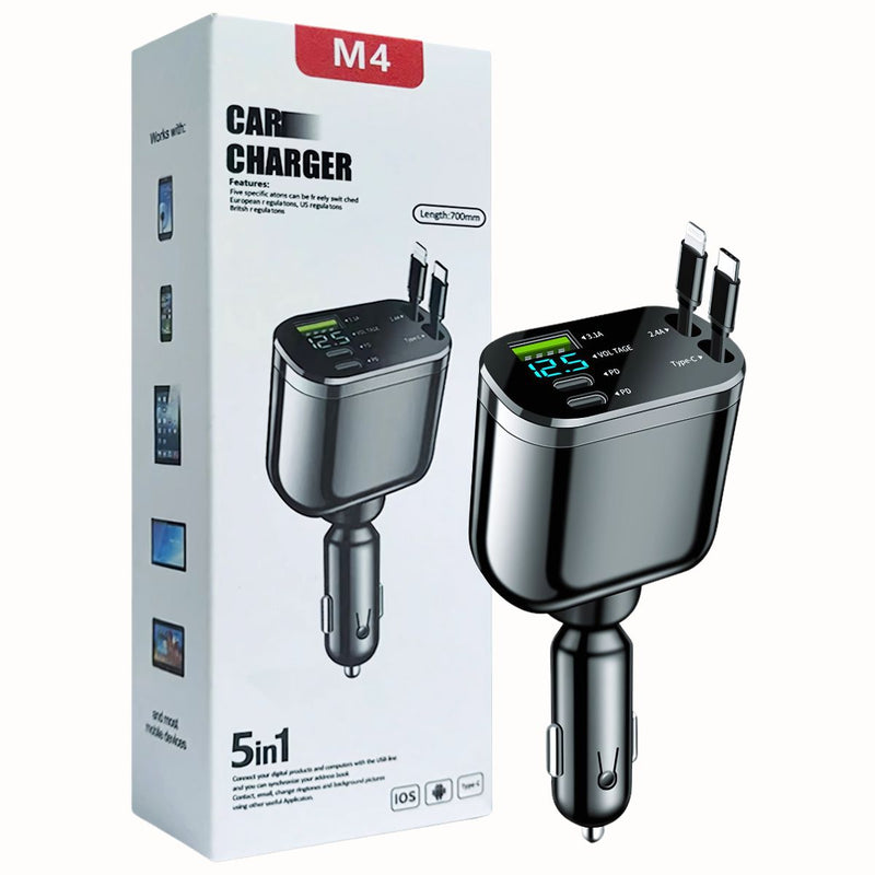 Cargador de Auto 5-en-1 con USB 3.1 y Tipo C . Carga Rápida Universal para celulares y otros Dispositivos. Cargador de carro para celular. Cable 100W