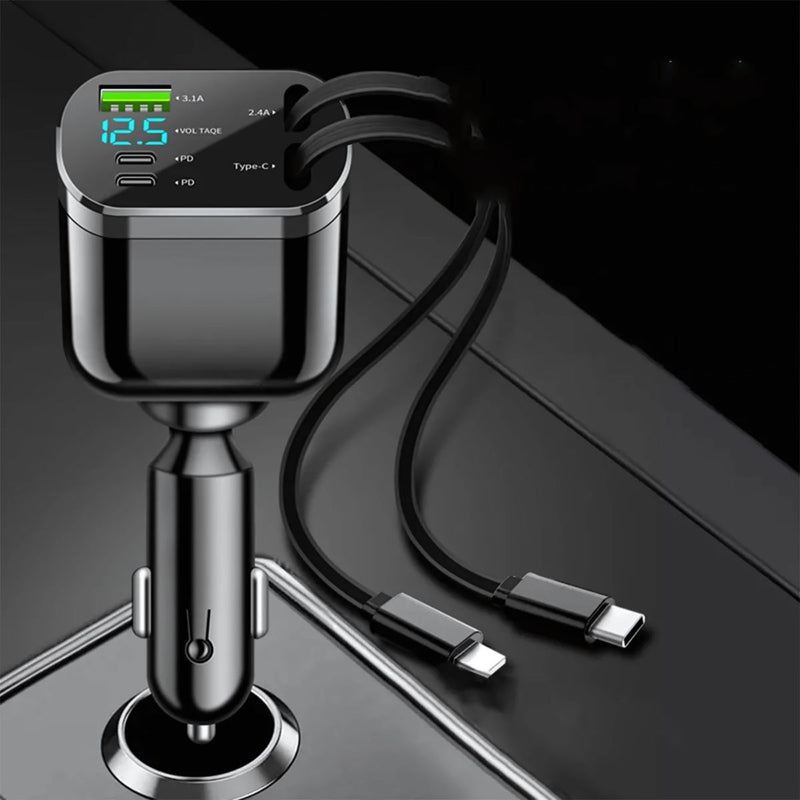 Cargador de Auto 5-en-1 con USB 3.1 y Tipo C . Carga Rápida Universal para celulares y otros Dispositivos. Cargador de carro para celular. Cable 100W