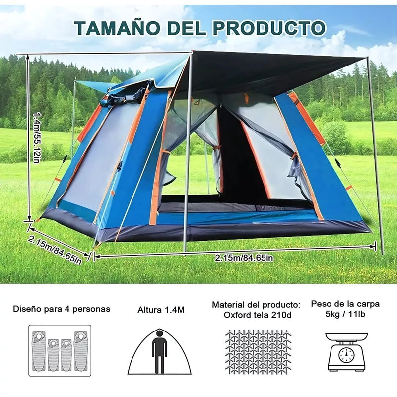 Tienda de acampar para 3-4 personas. Tienda para acampar impermeable 215x215x142cm. Ideal para exteriores y camping.