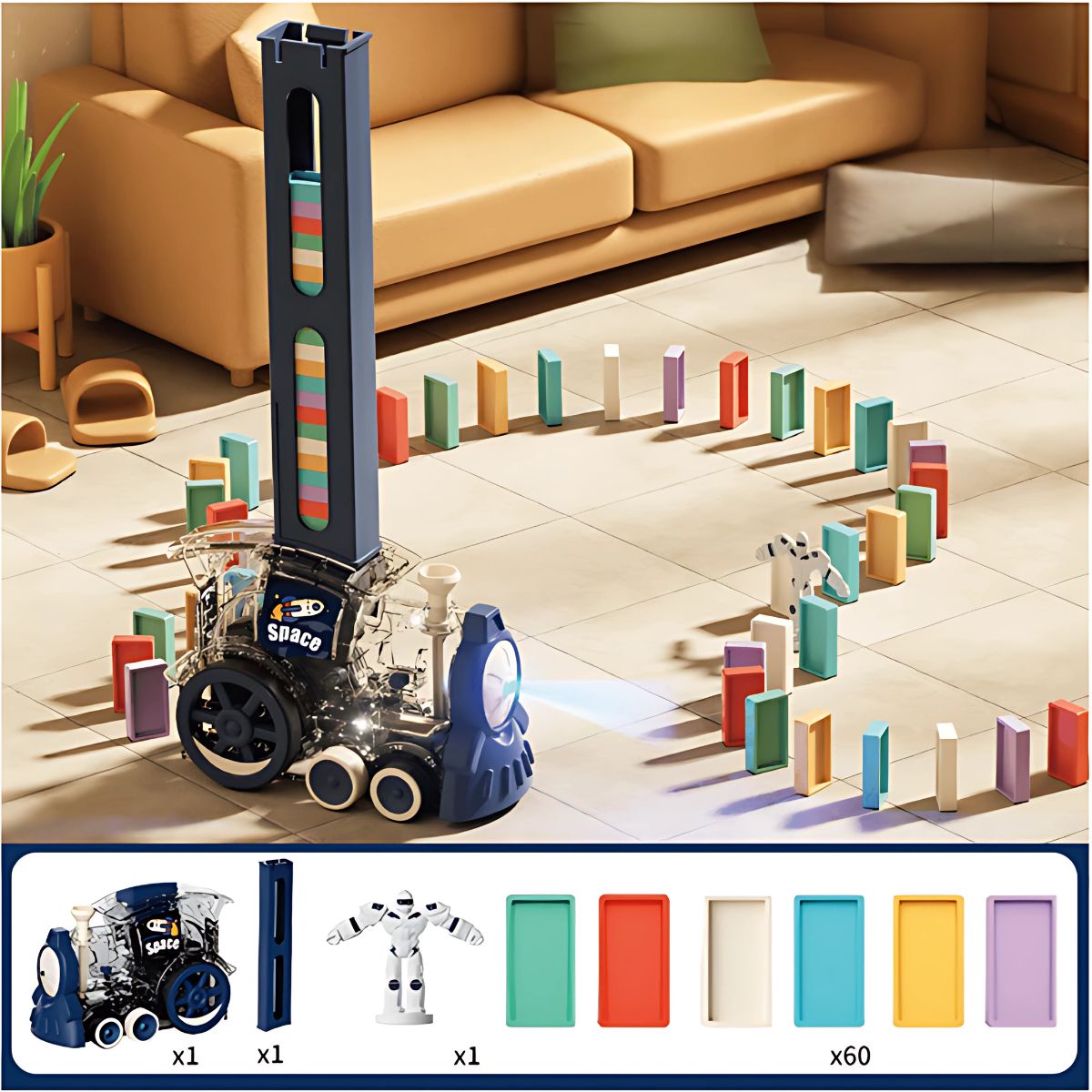 Juguete Tren de Dominó Eléctrico para Niños - Juego Interactivo con 60 Bloques, Educativo y Divertido.