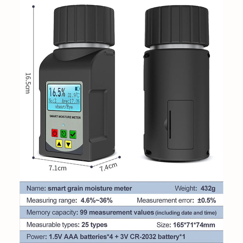 Medidor de Humedad para Granos café Profesional. Compatible con 25 Tipos de Granos, Alta Precisión y Pantalla LCD. Café, arroz, trigo, maíz, soya, cebada, avena etc