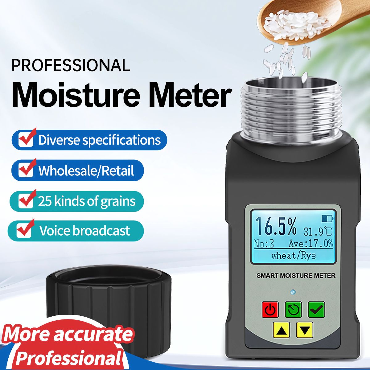 Medidor de Humedad para Granos café Profesional. Compatible con 25 Tipos de Granos, Alta Precisión y Pantalla LCD. Café, arroz, trigo, maíz, soya, cebada, avena etc