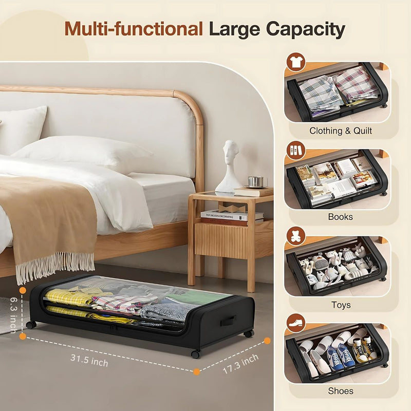 Organizador de Ropa Zapatos Bajo Cama Con Ruedas. Cajón de Almacenaje 31.5 x 17.3 x 6.3”. Caja almacenamiento con ventana transparente