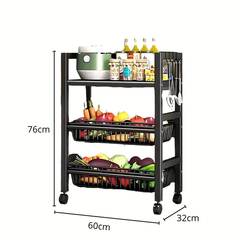 Carrito organizador de 3 niveles. Color Negro 76X60x32cm. Anaquel Multiusos De Almacenaje Con Ruedas. Estanteria repisas