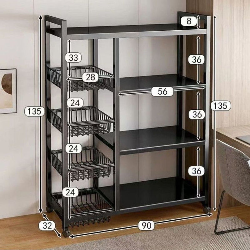 Estante repisas Carrito organizador de 4 niveles. Color Negro 135X90x32cm. Anaquel Multiusos De Almacenaje Con Ruedas.