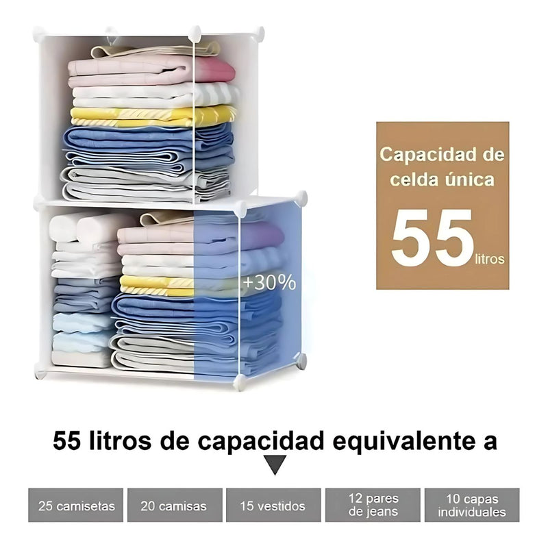 Armario de 12 puertas y 4 repisas. Con colgador de ropa. Estante de almacenamiento. Mide 147 cm (alto) x 147 cm (largo) x 47 cm Closet organizador. Estantería.  Guardaropa