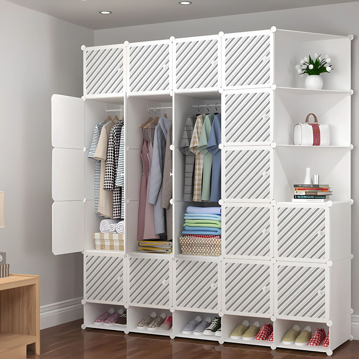 Armario de 22 puertas, 3 repisas esquinera y 5 repisas inferiores. Con colgador de ropa. Estante de almacenamiento. Closet organizador. Estantería. 201x183x47cm