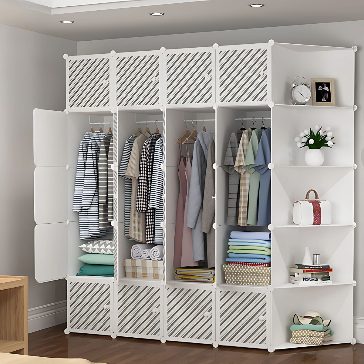 Armario de 20 puertas, 5 repisas esquinera y 5 repisas inferiores. Con colgador de ropa. Estante de almacenamiento. Closet organizador. Estantería. 183x183x47