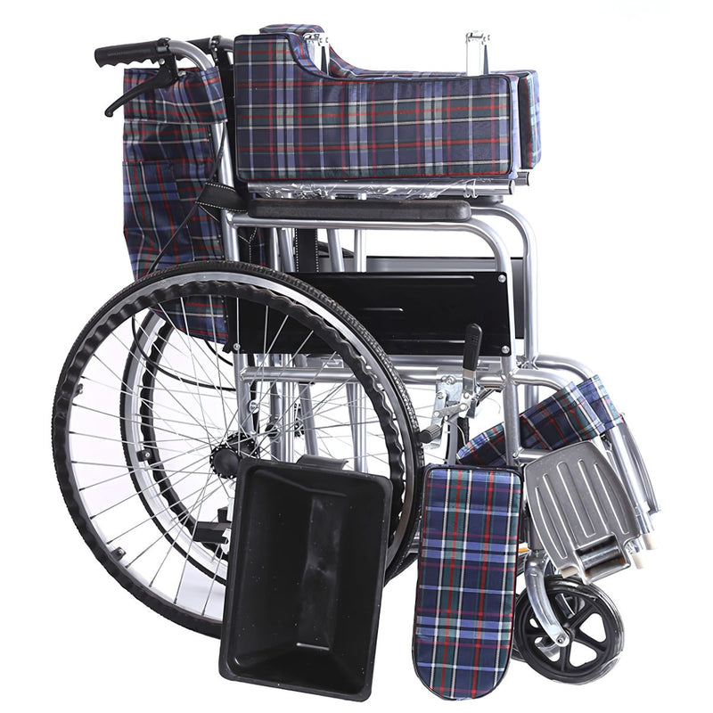 Silla de ruedas plegable de 24” Cubo Sanitario Desmontable. Soporta hasta 100kg. Multifunción.