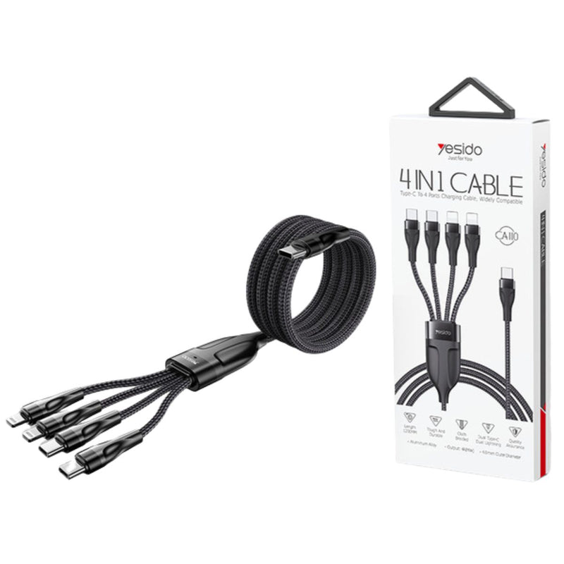Cable de Carga Múltiple 4 en 1 USB Tipo C, Micro USB, y Lightning para Cargar Varios Dispositivos.