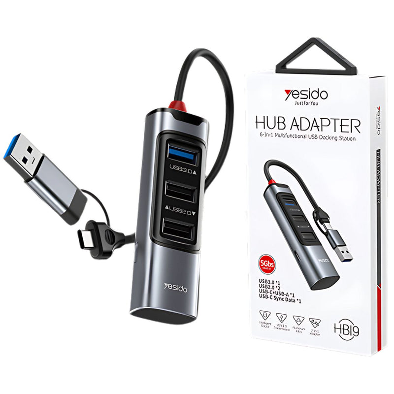 Hub USB 6 en 1 Multifuncional. Adaptador de Alta Velocidad con Puertos USB-C, 3.0 y 2.0