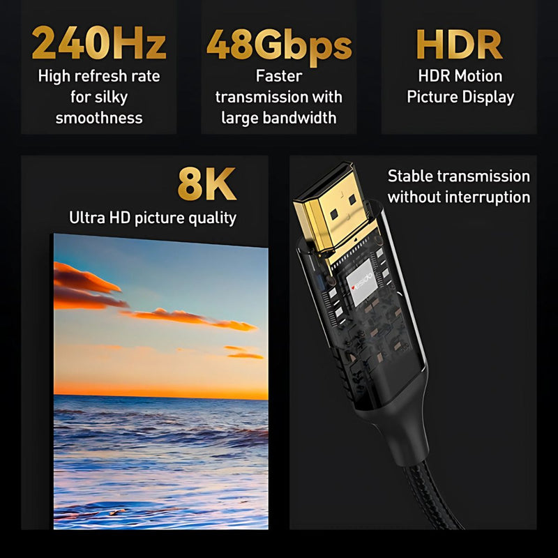 Cable HDMI 8K de 2 Metros. Alta Velocidad, Ultra HD para TV, Consolas y PC.