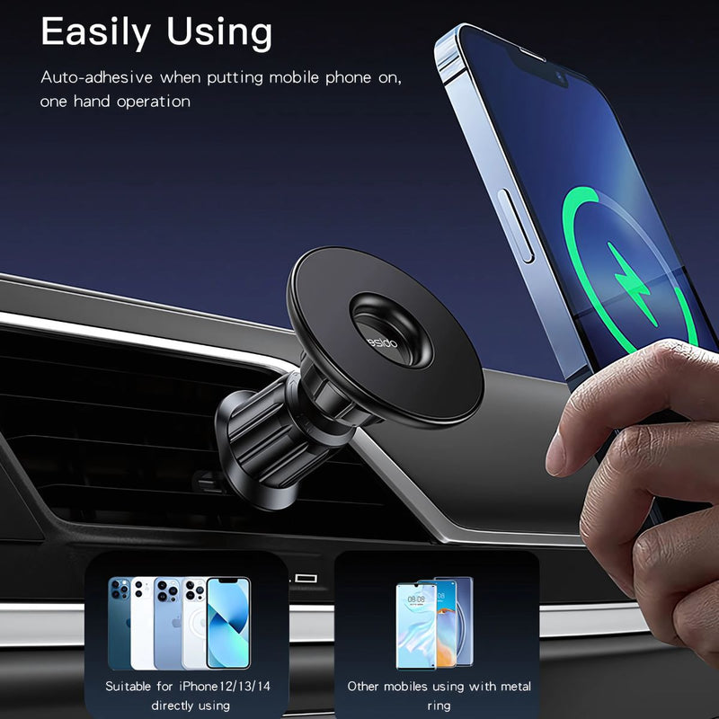 Soporte Magnético para Teléfono en Auto. Montaje en Rejilla, Compatible con iPhone y MagSafe.