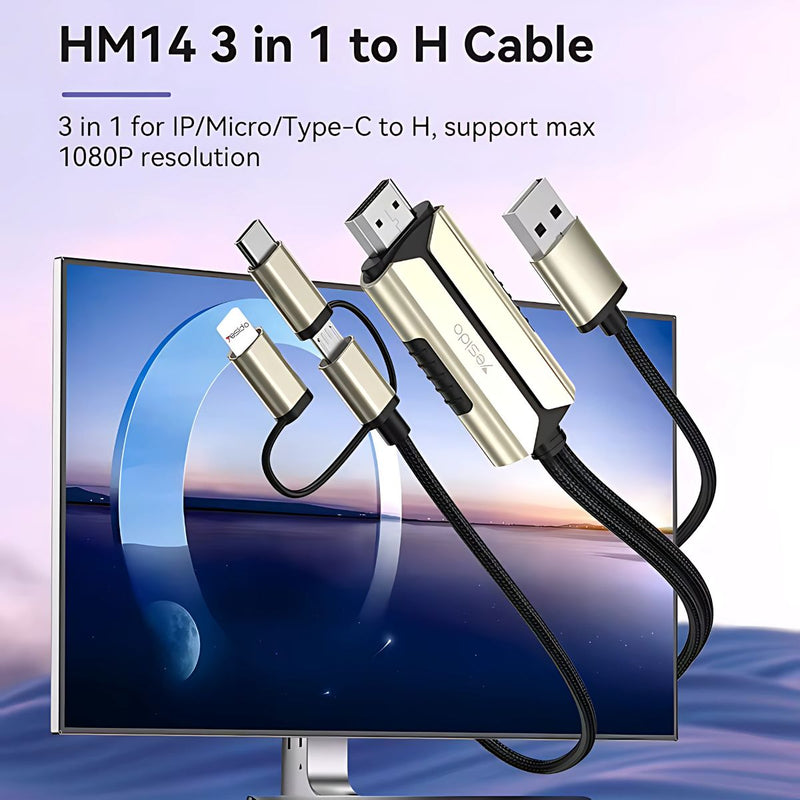 Cable Universal 3 en 1 con HDMI – Lightning, Micro-USB, USB-C. Compatible con iPhone, Android y más (2 Metros).