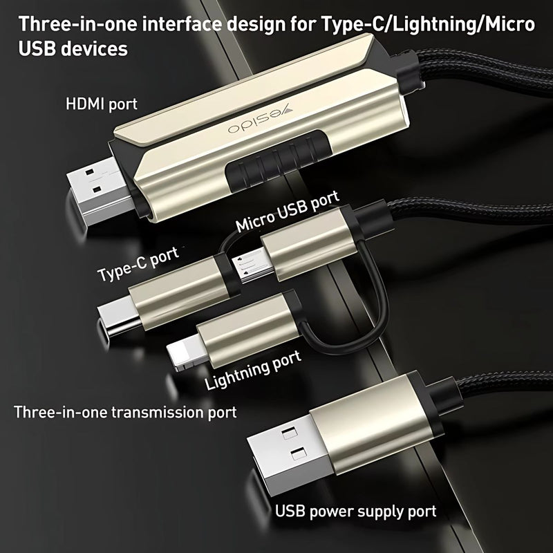 Cable Universal 3 en 1 con HDMI – Lightning, Micro-USB, USB-C. Compatible con iPhone, Android y más (2 Metros).